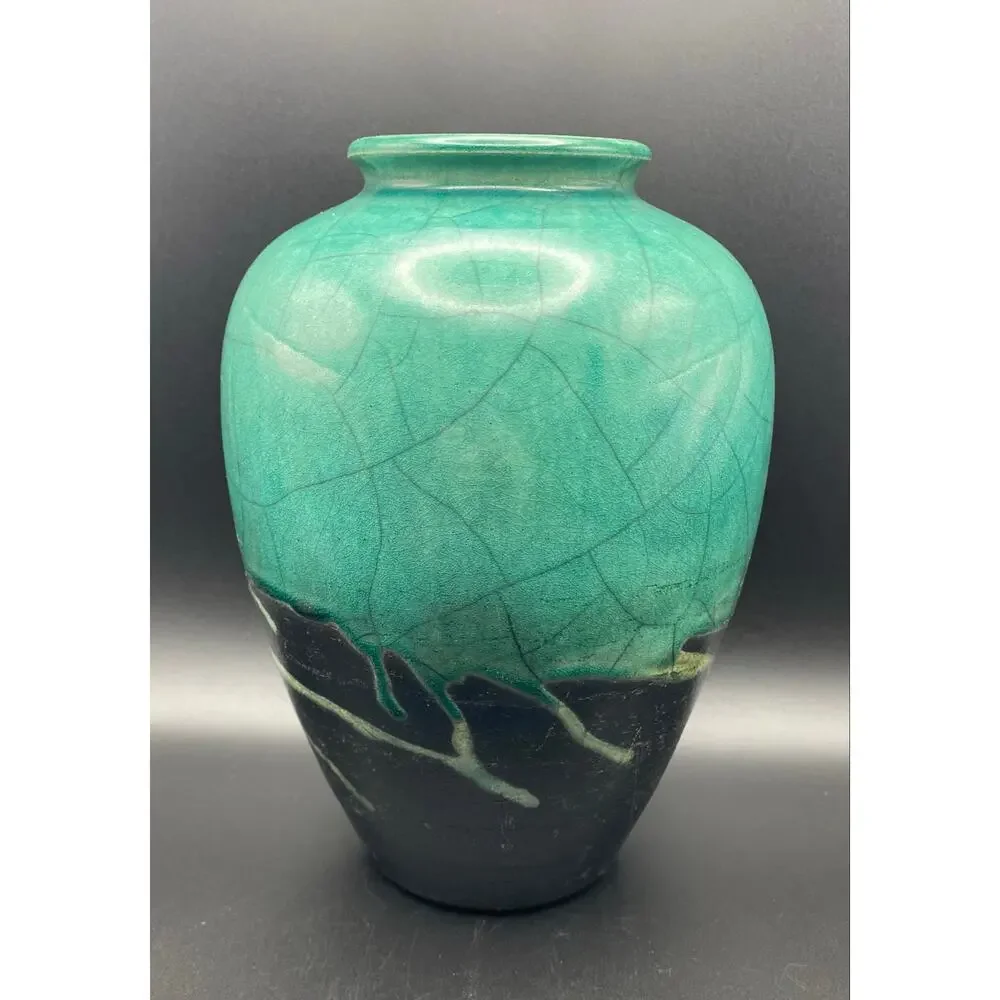 John Melkonian California Raku Studio Pottery Vase Turquoise and Black Crackle,